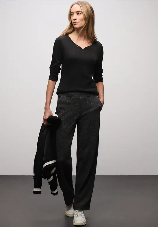 Street One Frauen Basic Shirt mit Knopfdetail in Schwarz, Gr: 42