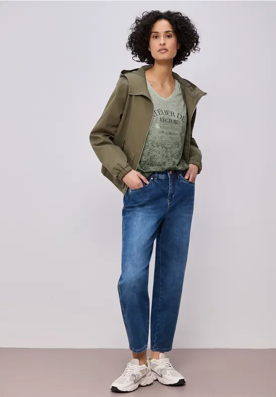 Street One Frauen Ausbrenner Shirt mit Wording in Grün, Gr: 36