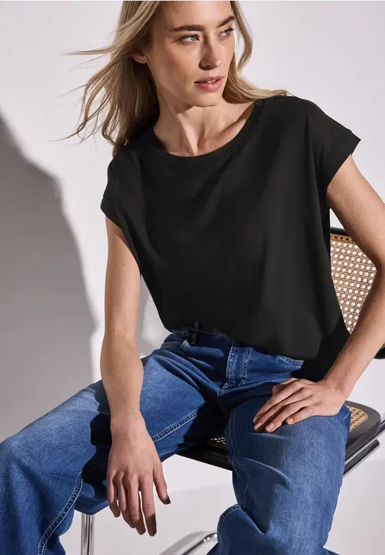 Street One Frauen Shirt mit Dekortape in Schwarz, Gr: 40