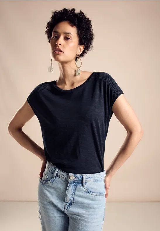 Street One Frauen T-Shirt mit Spitze in Blau, Gr: 40