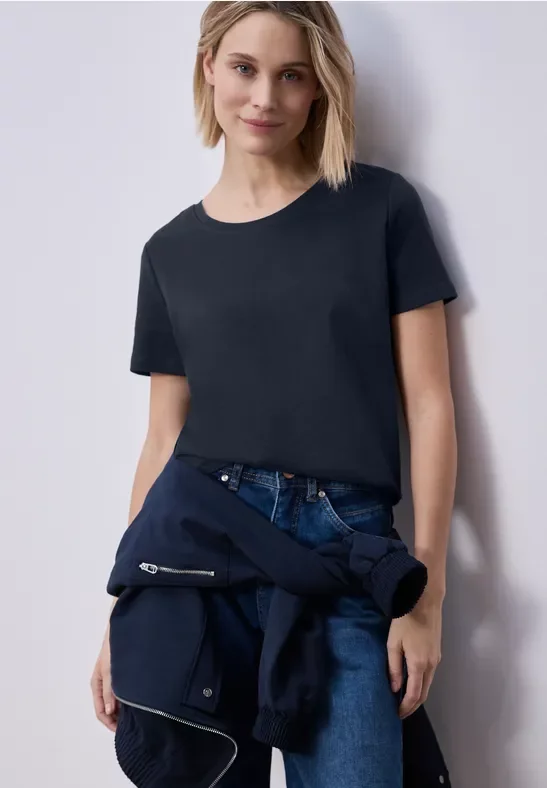 Street One Frauen Basic T-Shirt aus reiner Baumwolle in Blau, Gr: 34