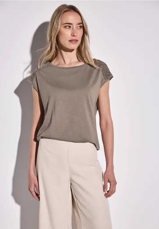 Street One Frauen Shirt mit Spitzendetail in Braun, Gr: 46