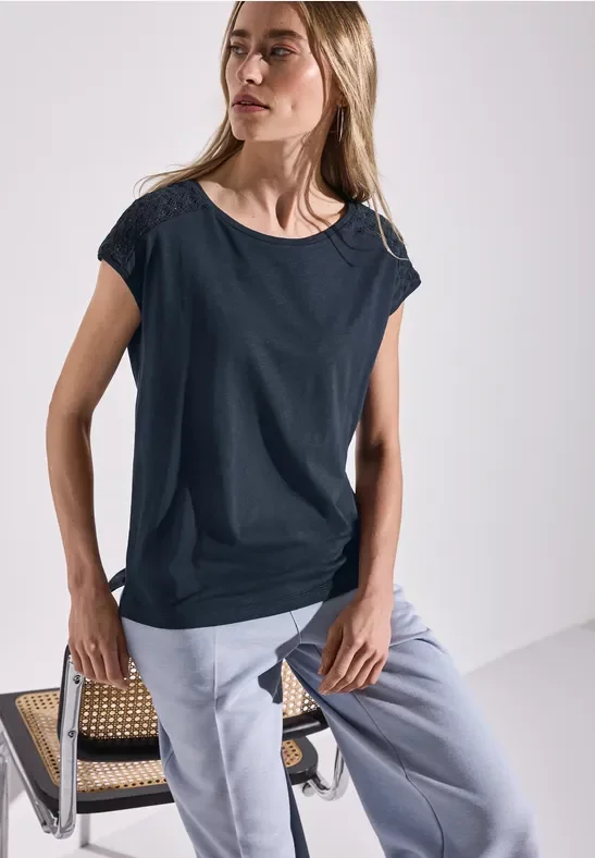 Street One Frauen Shirt mit Spitzendetail in Blau, Gr: 34