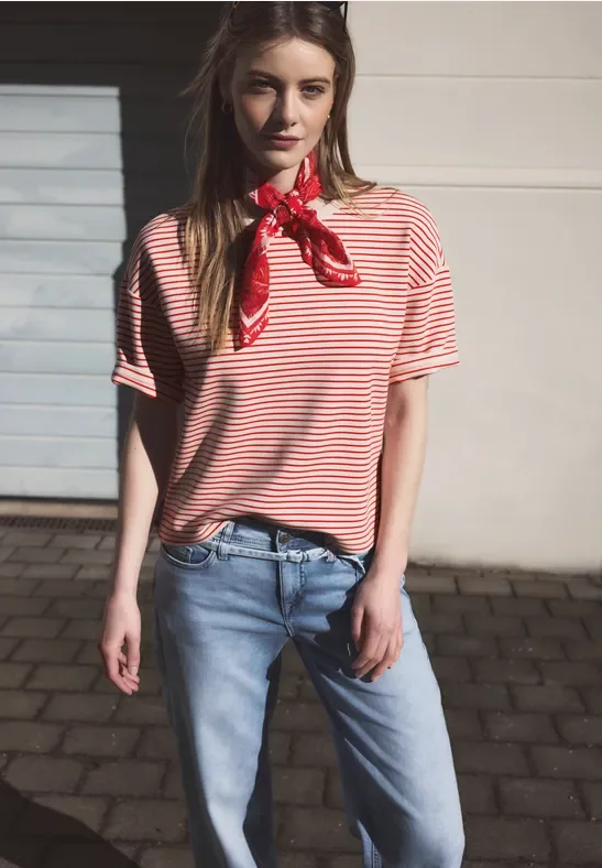 Street One Studio Frauen Fein gestreiftes Scuba T-Shirt in Rot, Gr: 40