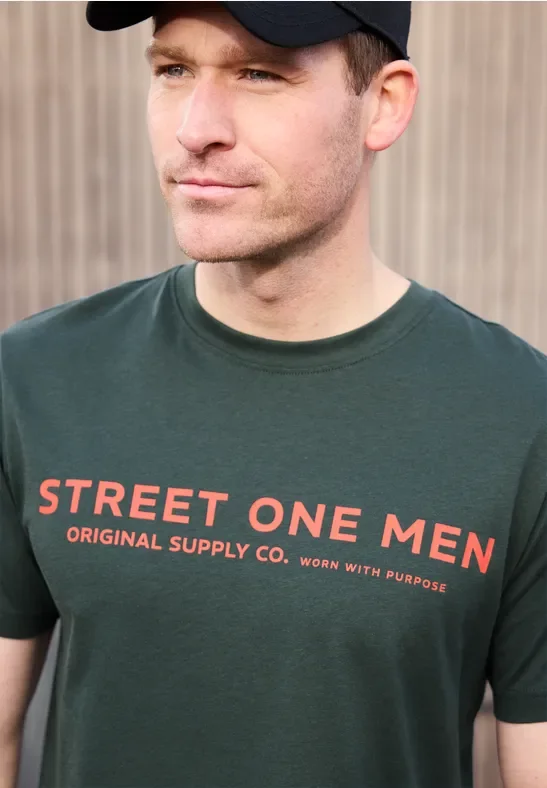 Street One MEN Männer T-Shirt mit Logo-Print in Grün, Gr: L