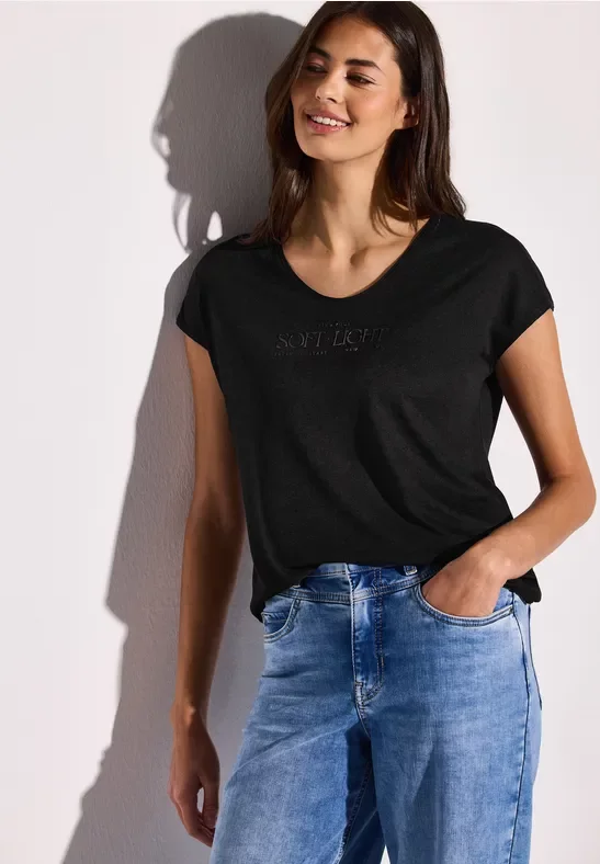 Thumbnail - Street One Frauen Leinen-Look Wording Shirt in Schwarz, Gr: 38