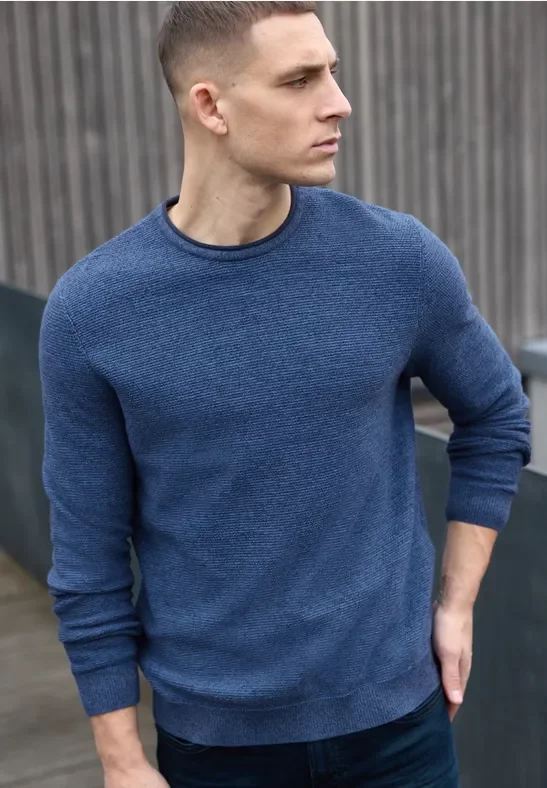 Street One MEN Männer Crewneck Strukturpullover in Blau, Gr: 3XL