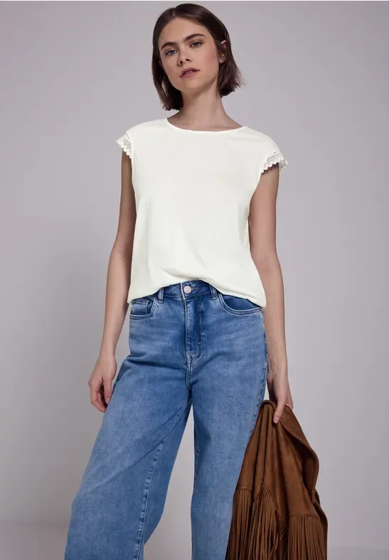 Street One Studio Frauen Shirt mit Häkeldetails in Weiß, Gr: 42