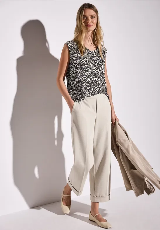 Street One Frauen Gemustertes Jersey-Top in Beige|Multicolour|Blau, Gr: 46