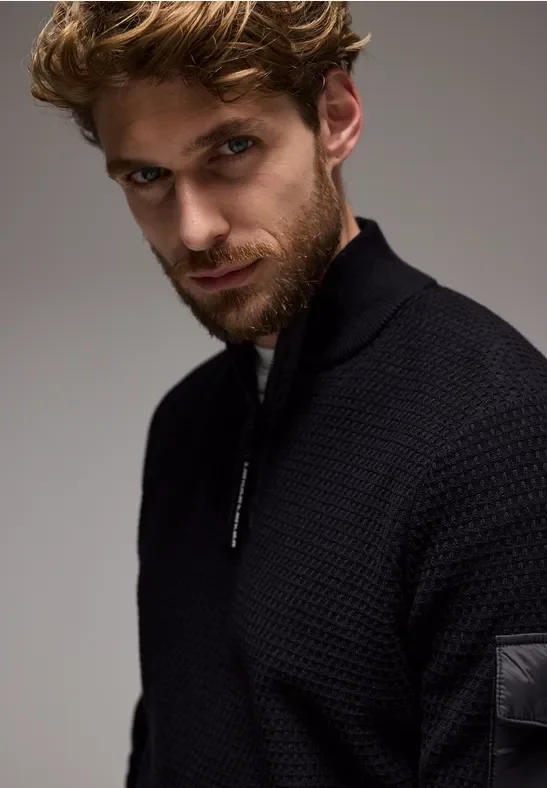 Street One MEN Männer Materialmix Pullover in Schwarz, Gr: XL