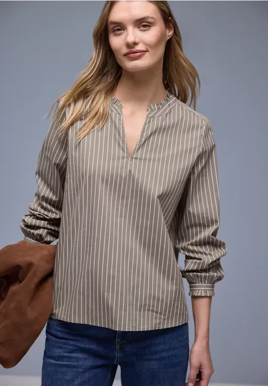 Street One Frauen Streifen Bluse mit Rüschen in Braun, Gr: 34