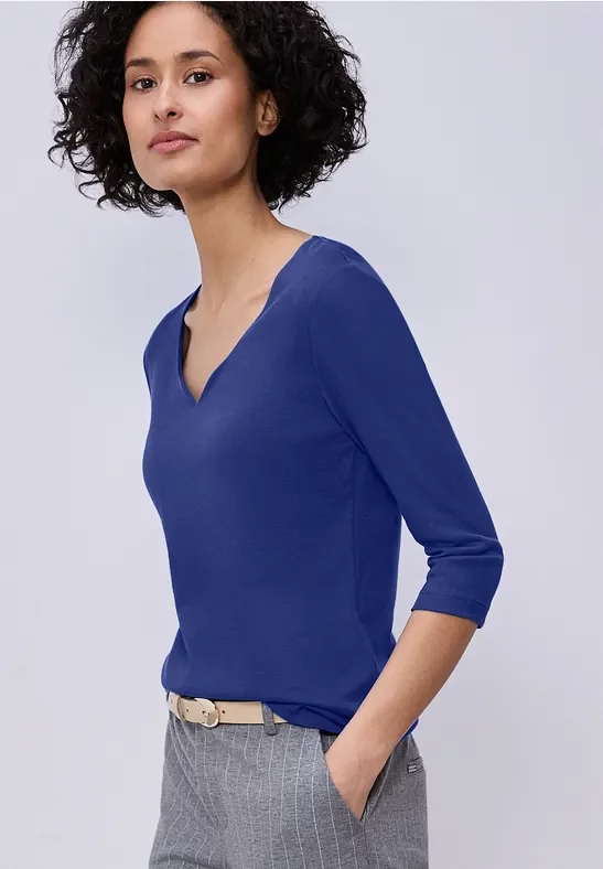 Street One Frauen Shirt mit Herzausschnitt in Blau, Gr: 34