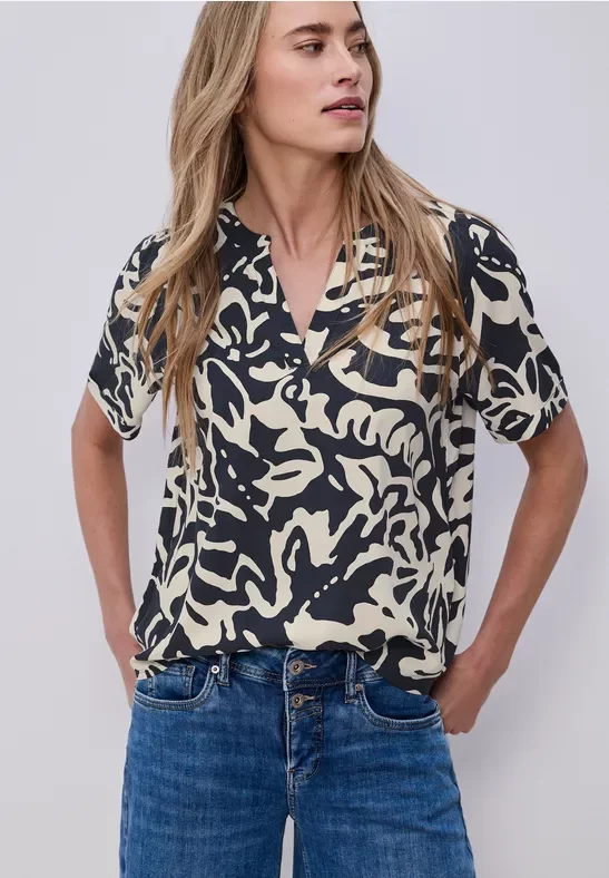Street One Frauen Print-Bluse mit Turn-Up in Blau, Gr: 46