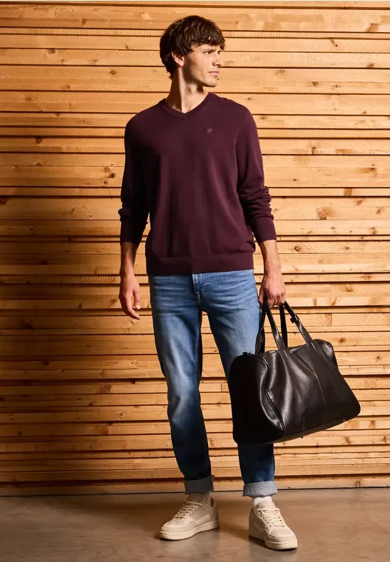 Thumbnail - Street One MEN Männer Basic V-Neck Strickpullover in Rot, Gr: 3XL