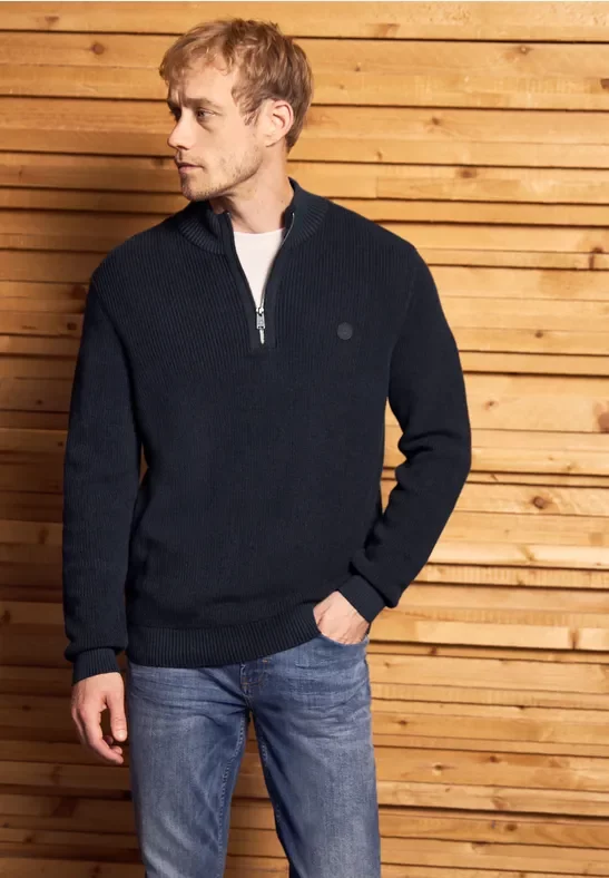 Thumbnail - Street One MEN Männer Baumwollpullover mit Zipper in Blau, Gr: 3XL