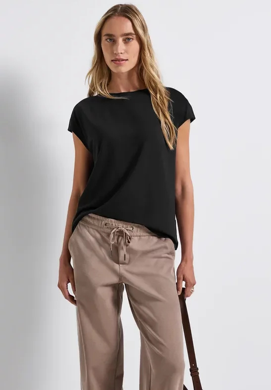 Street One Frauen Shirt mit Ripp-Detail in Schwarz, Gr: 46