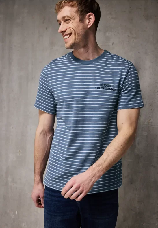 Thumbnail - Street One MEN Männer T-Shirt mit Strukturstreifen in Blau, Gr: M