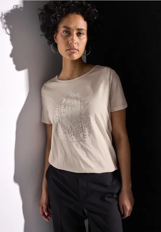 Street One Frauen T-Shirt mit Folienprint in Beige, Gr: 44