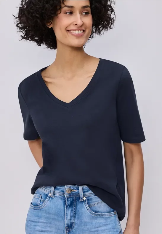 Street One Frauen Basic T-Shirt mit V-Neck in Unifarbe in Blau, Gr: 42
