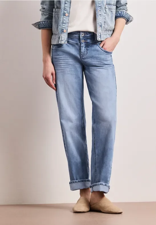 Street One Frauen Mid Waist Straight Leg Jeans im Casual Fit in Blau, Gr: 34