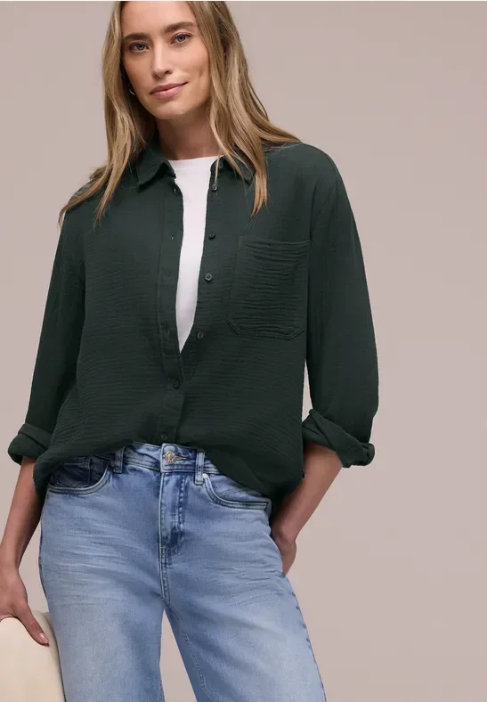 Street One Frauen Bluse mit Hemdkragen aus Musselinstoff in Grün, Gr: 36