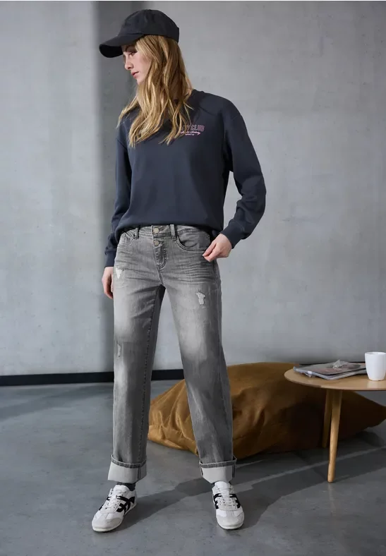 Thumbnail - Street One Studio Frauen Jeans mit Destroyed Details in Grau, Gr: 34