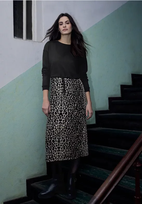 Street One Studio Frauen Midi-Kleid mit Leo-Rock in Schwarz, Gr: 36