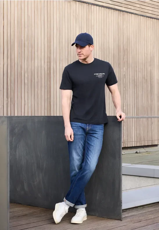 Street One MEN Männer T-Shirt mit Logo-Print in Blau, Gr: S