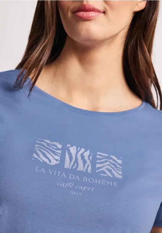 Street One Frauen Basic T-Shirt mit Rundhals und Print in Blau, Gr: 40