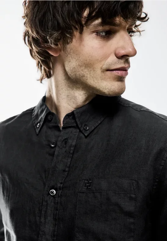 Street One MEN Männer Button Down Leinenhemd in Schwarz, Gr: S