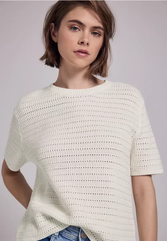 Street One Studio Frauen Pullover mit Lochmuster in Weiß, Gr: 34