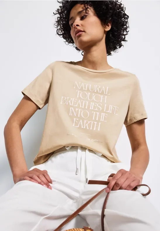 Thumbnail - Street One Frauen Shirt mit Wording Artwork in Beige, Gr: 46