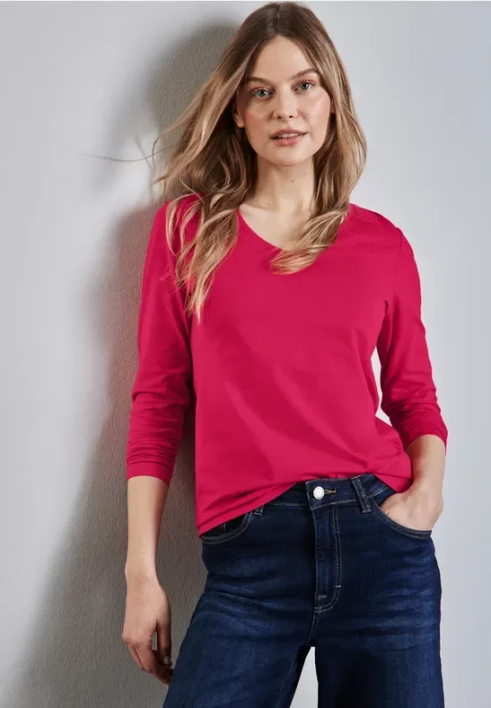 Street One Frauen Shirt mit gerundetem V-Neck in Pink, Gr: 34