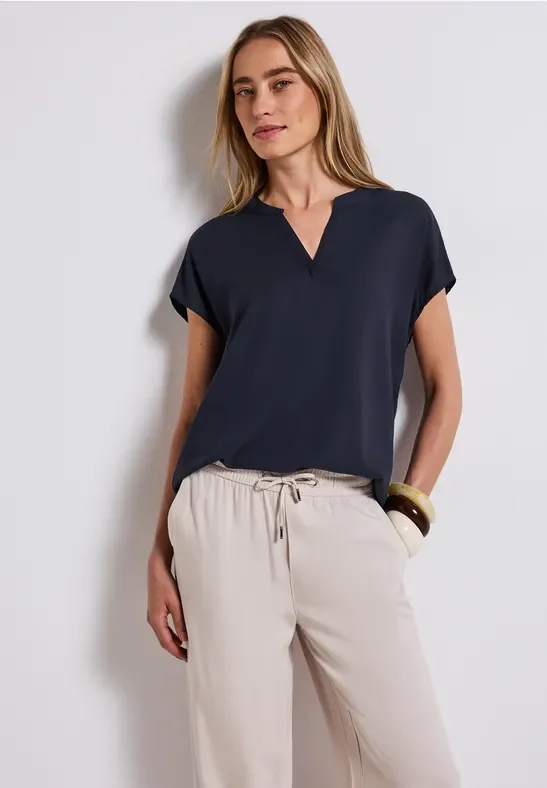 Thumbnail - Street One Frauen Split Neck Bluse in Unifarbe in Blau, Gr: 36