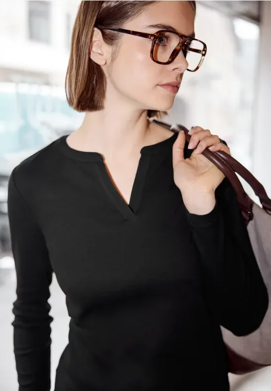 Street One Studio Frauen Rippstrukturshirt in Schwarz, Gr: 44