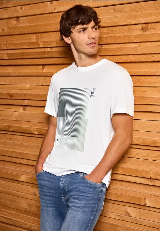 Street One MEN Männer T-Shirt mit Streifen-Print in Weiß, Gr: XL