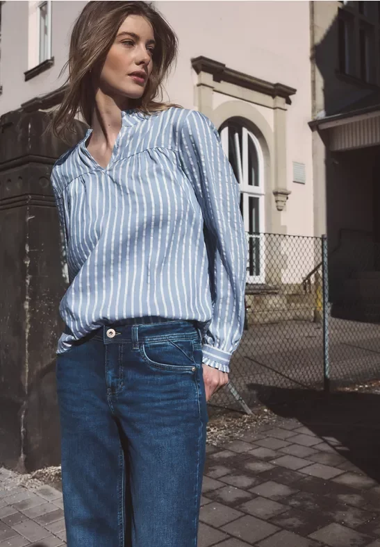 Street One Studio Frauen Langarm Bluse in Seersucker Qualität in Blau, Gr: 38