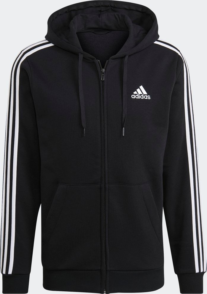 Essentials Fleece 3-Streifen Kapuzenjacke mit durchgehendem Reißverschluss.