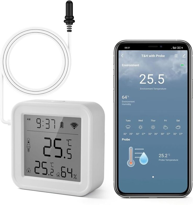 Intelligentes Kühlschrankthermometer mit App-Überwachung, kostenlosem Datenexport (°F/°C), WLAN-Hygrometer für Babyzimme...
