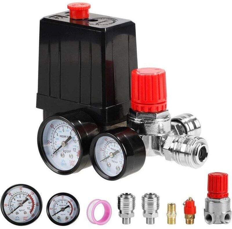 220-V-Druckschalter für Luftkompressoren, 4-Loch-Druckregler mit Manometer, Sicherheitsventil und Anschlüssen, 90–120 PS...