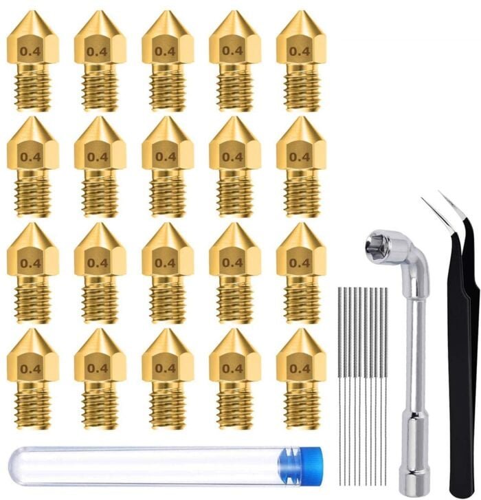 Satz mit 20 MK8 3D-Düsen für 0,4 mm Drucker, Messing-Druckköpfe mit Reinigungswerkzeug, 1 Maulschlüssel und 1 Pinzette.