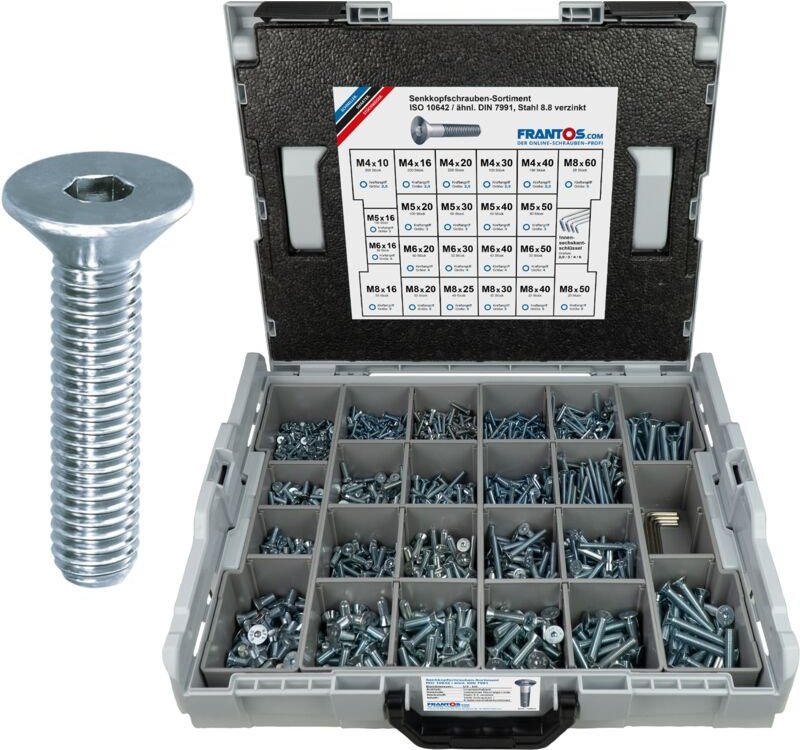 FRANTOS L-BOXX 1600 tlg. Senkkopfschrauben ISO 10642 Sortiment (Stahl verzinkt)