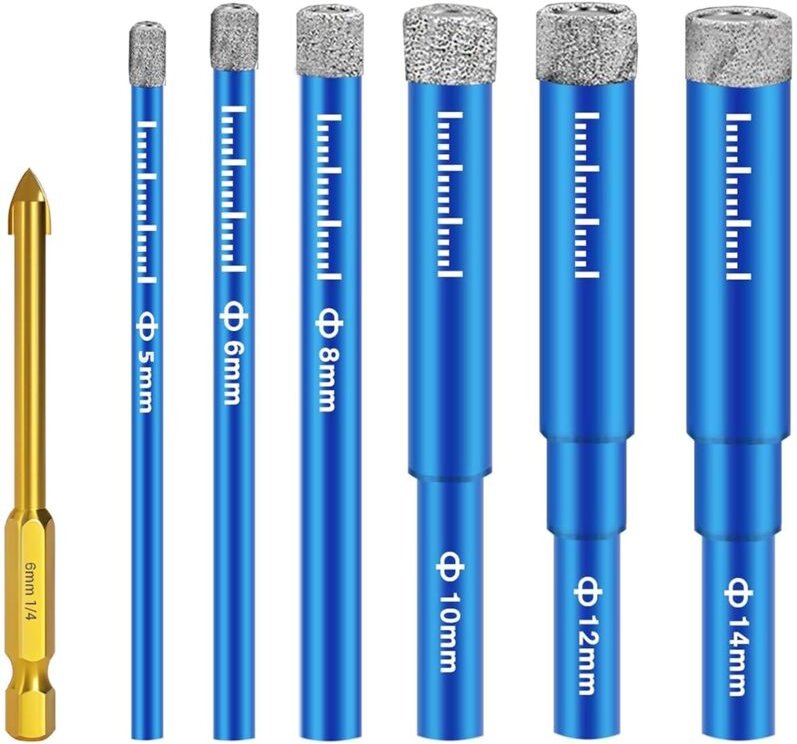 7-teiliges Diamant-Fliesenbohrer-Set, Diamantbohrer für Porzellan und Steinzeug mit Durchmessern von 5/6/8/10/12/14 mm, ...