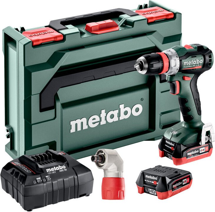 Metabo Akku-Bohrschrauber PowerMaxx BS 12 BL Q Pro 2x 4,0 Ah + Lader + Schnellwechselwinkeladapter "Quick" in metaBOX 11...