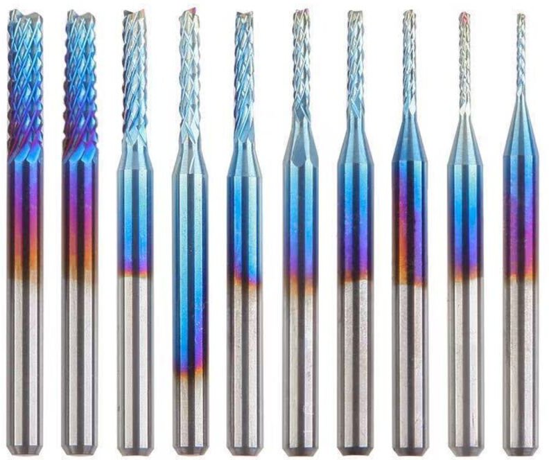 10 Stück Nano-Blau-Beschichtung CNC-Fräser, 0,8–3,175 mm, 1/8-Zoll-Schaft