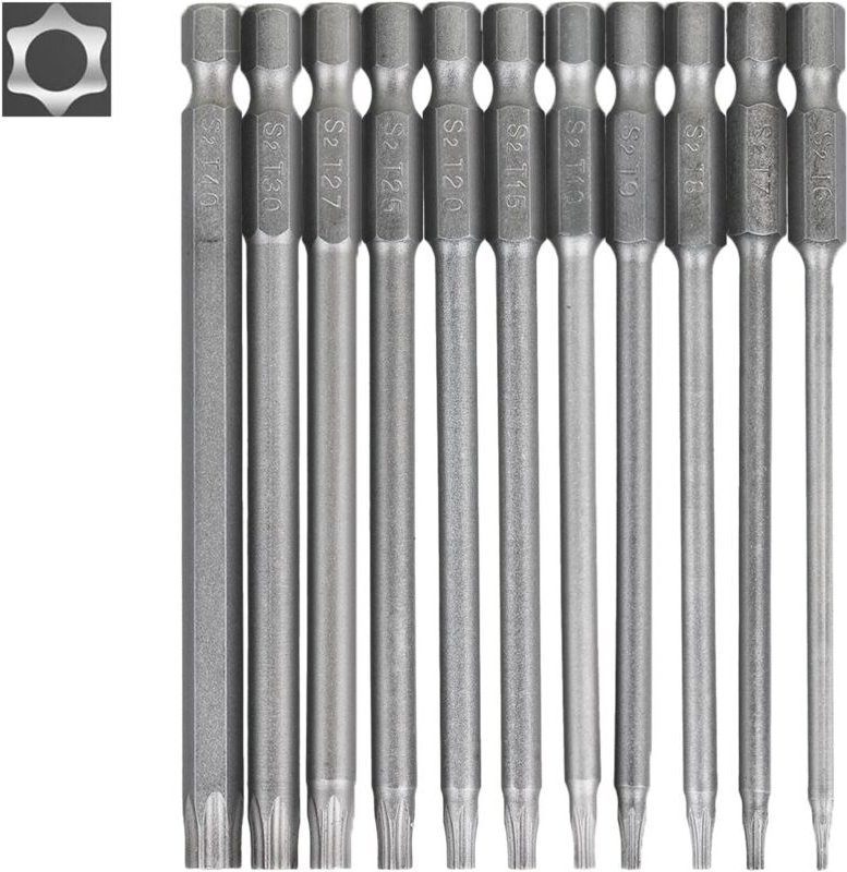 Set mit 11 langen Torx-Bits für Schraubendreher und Bohrmaschinen – 100 mm magnetische Torx-Bits mit 1/4"-Sechskantschaf...