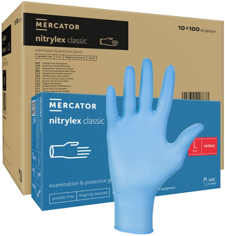 Nitrilhandschuhe Größe L, blau, Mercator Nitrylex Classic, 100 Stück pro Karton (10er-Packung)