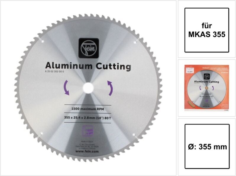 Sägeblatt Aluminium ø 355mm f. Metallkappsäge mkas 355 MaÃüe 355x25,4x2,8 mm - Fein