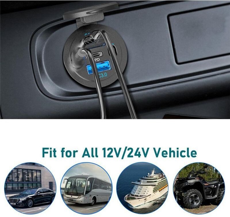 USB C PD-Steckdose 12V Autoladegerät - Wasserdichte Installationsbox mit Schalttafel für Wohnmobil, LKW, Motorrad, Boot