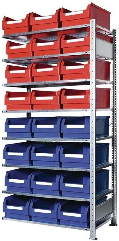 Steckregal H2000xB1000xT500mm Anbauregal 8 Stahlböden 12 x Gr. 2 blau, 12 x Gr. 2 rot
